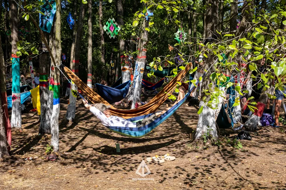 Colourful hammocks hung between painted trees