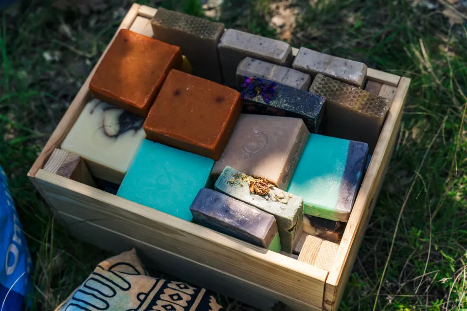 A box of handmade natural soaps