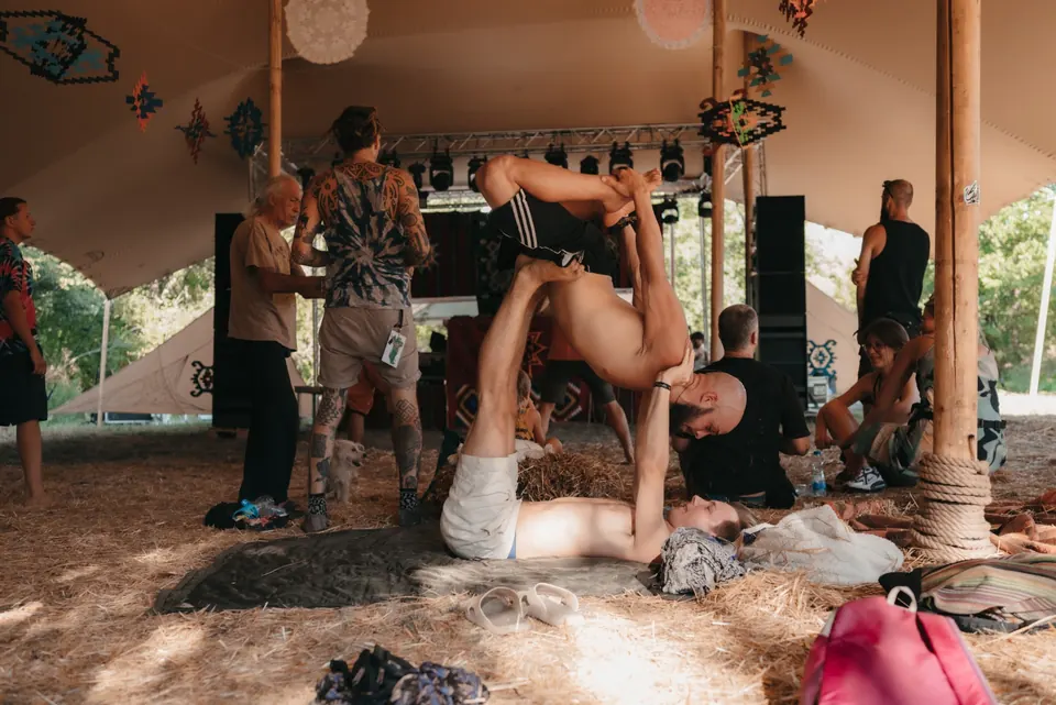 Acro yoga in the tent