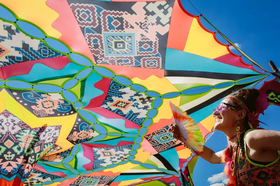 A dancer against the colours of the canopy