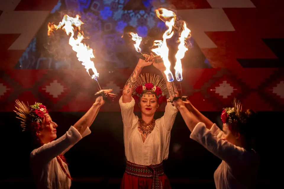 Fire dancers in flower crowns