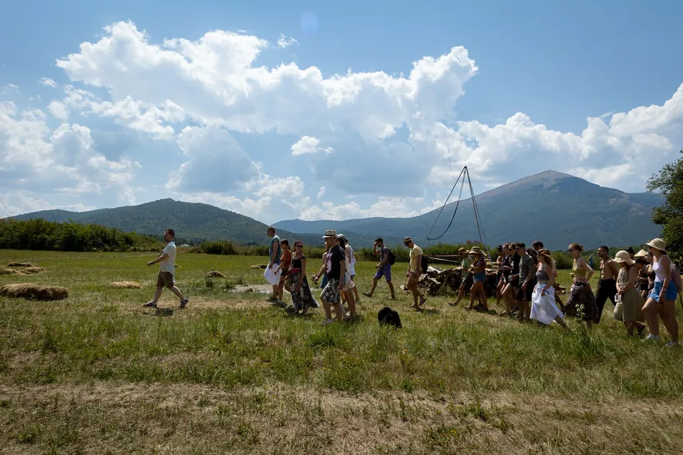 A workshop group walks across the meadow