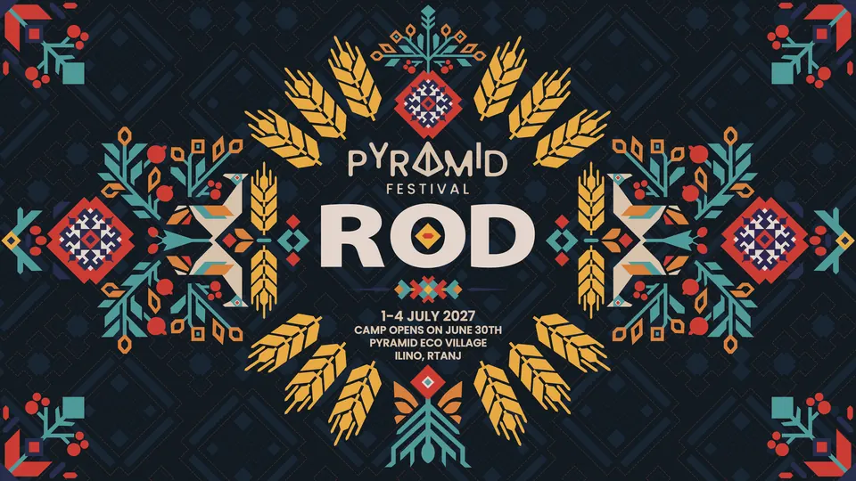 Ključni vizual Pyramid Festivala 2027 ROD: klasje, ptice i ćilim rombovi oko reči ROD