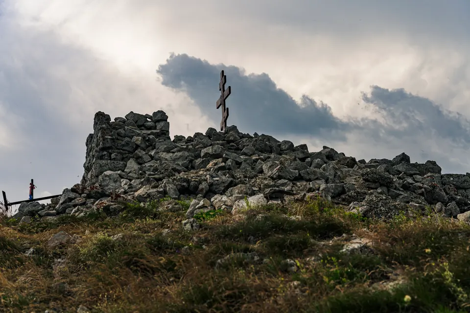 The chapel ruins on the summit of Rtanj under clouds